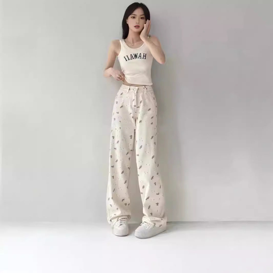 Yuejiaoer Original American Style Cartoon Bear Print Jeans for Women New Flared Loose Straight Wide-Leg Floor-Length Pants