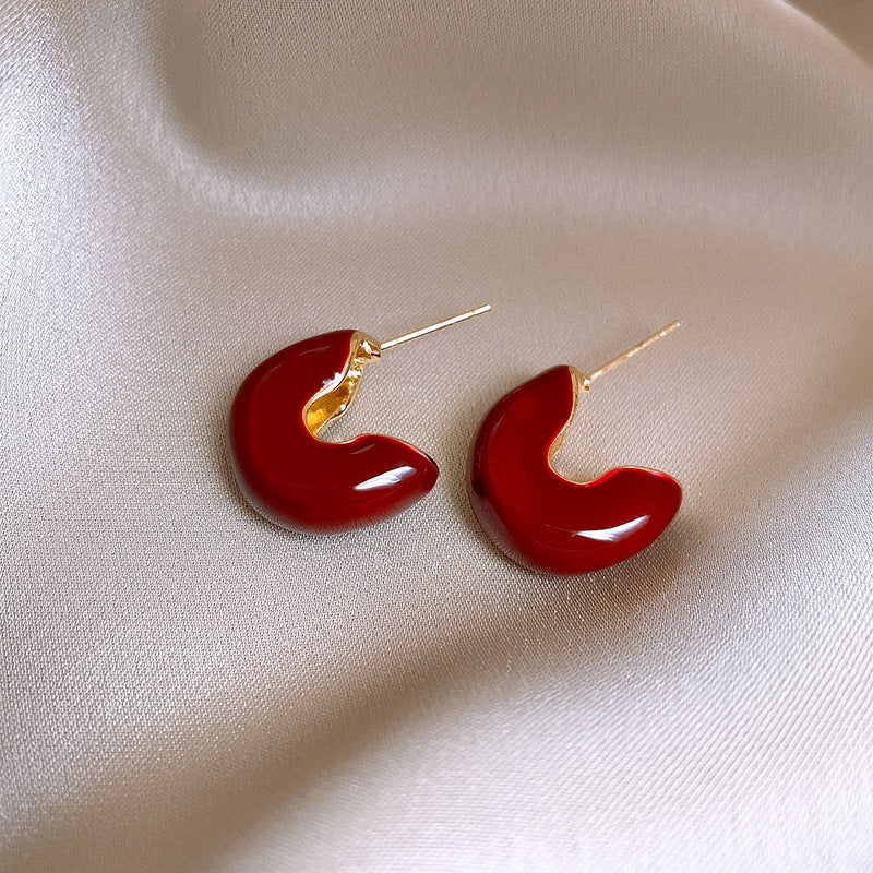 Silver Needle Ancora Red Oil Drop Geometric Earrings Niche Versatile Retro Elegant Studs High-end Fashion Earrings for Women