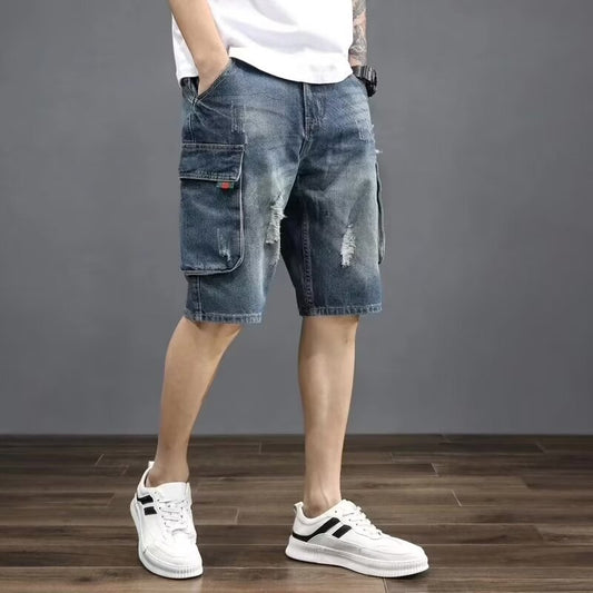 Summer Casual Multi-Pocket Loose Denim Shorts Men Trendy Loose Cargo Pants Retro Jeans Five-Point Shorts