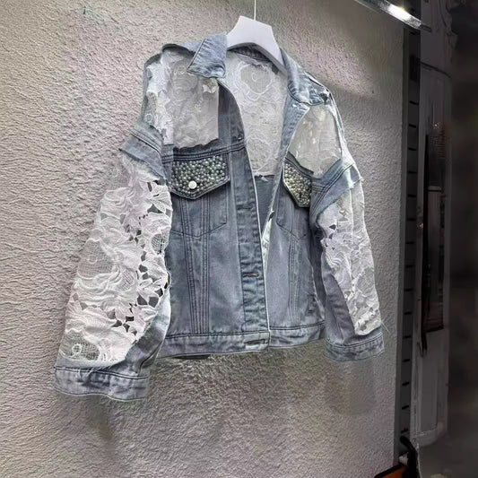 2024Spring and Autumn New Loose Versatile Sunscreen Mesh See-through Lace Embroidered Short Denim Jacket for Women Trendy Top