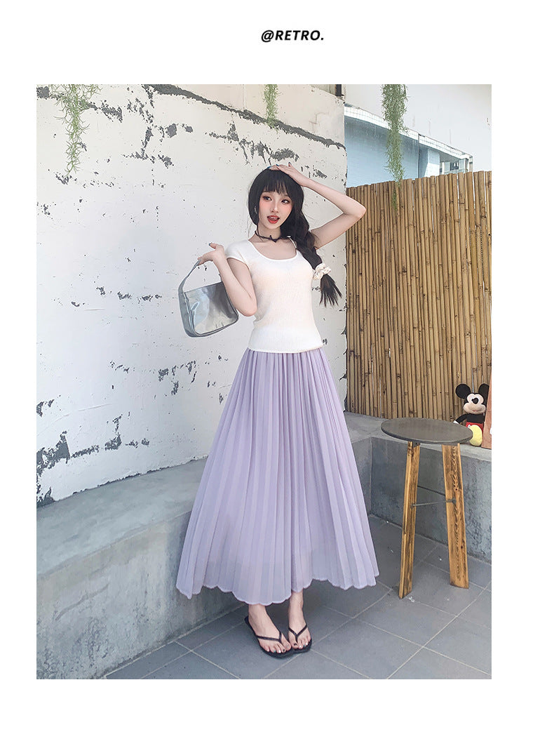 Thirteen Lines·Yunheyu Gentle Light Purple Pleated Long Skirt for Women Versatile Casual Vacation Style Draped Half Skirt