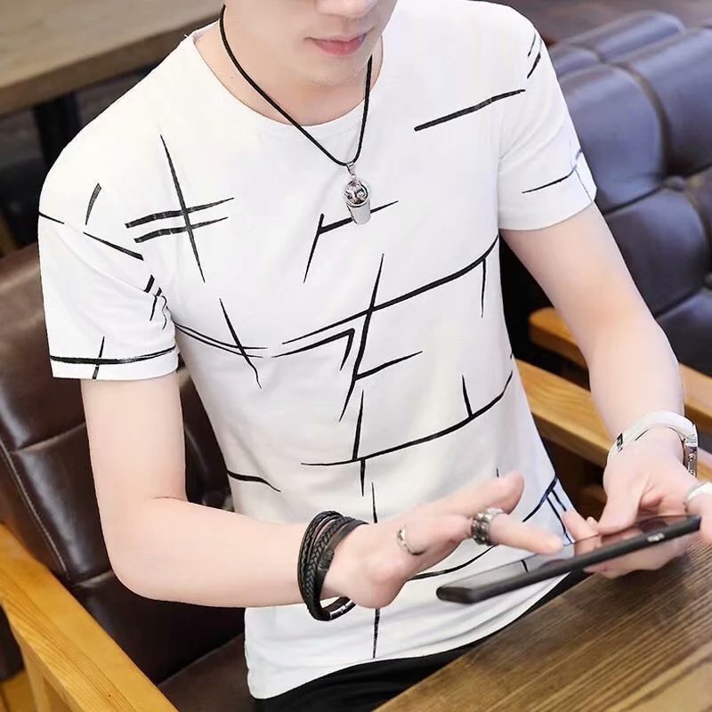 2025Cross-border Trade Summer New Style for Teenagers N Men's Short Sleeve Color Block Crew Neck Trendy Half Sleeve t Shirt Top