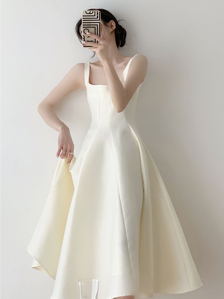 French Style Light Wedding Dress Solid Color Satin Simple Petite Host Adult Ceremony Party Banquet Evening Dress Suitable for Daily Wear