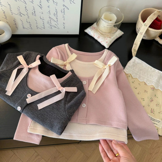 Sweet Little Girl's Sweet and Versatile Fake Two-Piece T Shirt Top25Spring New Korean Style Children's Fashionable Base Shirt