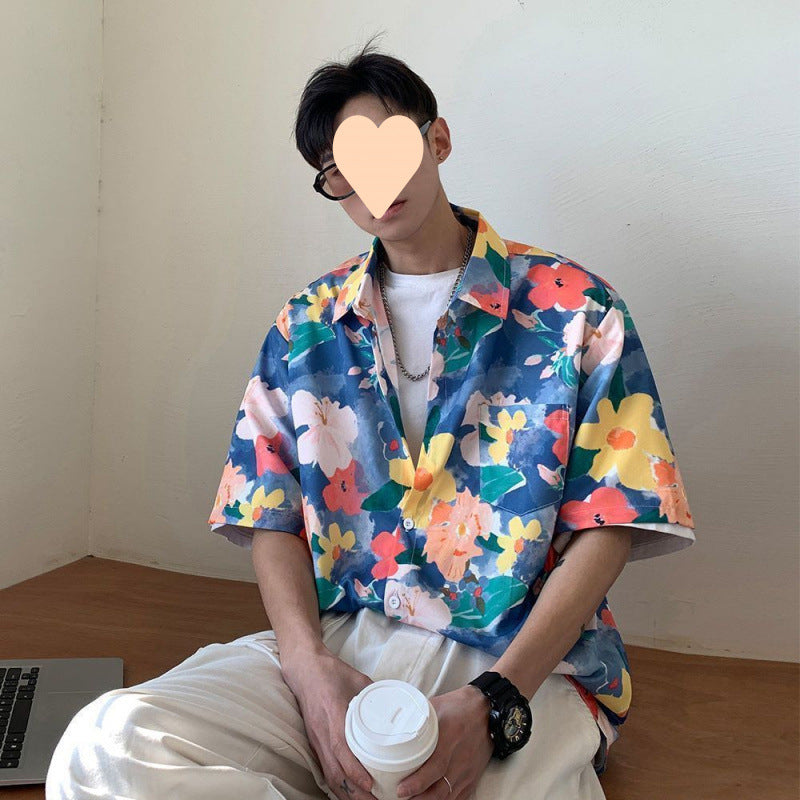Summer Short Sleeve Floral Shirt for Men and Women Hawaiian Retro Hong Kong Style Loose Ice Silk Shirt Couple Outfit