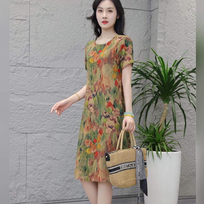 2025Summer New Style High-end Elegant Short Sleeve Dress Plus Size Fashionable Middle-aged Women Slimming Thin Dress