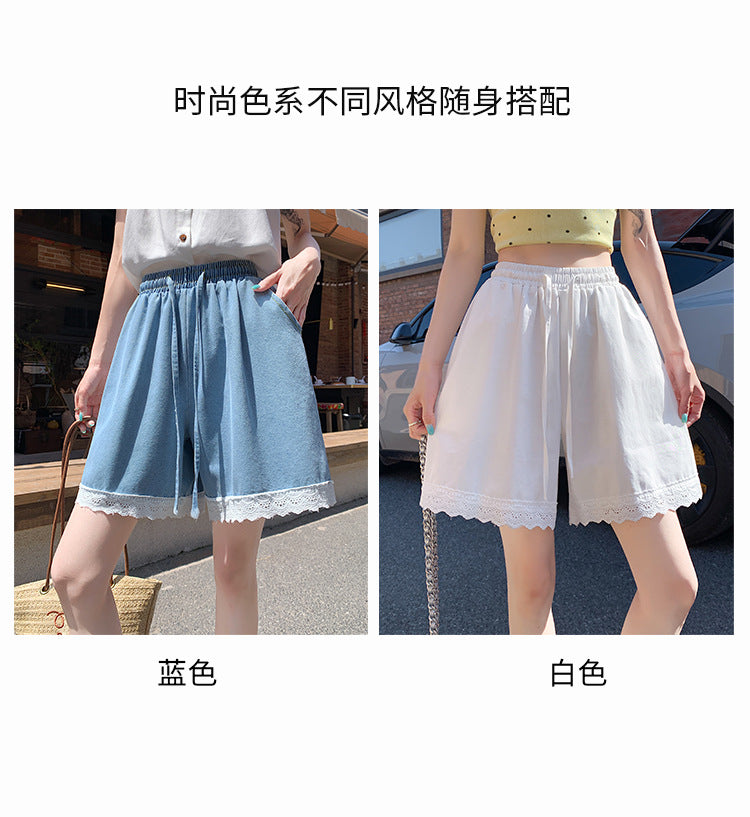 Japanese Style Wide-Leg Jeans for Women2025High Waist Lace Trim Casual Shorts Loose Straight Five-Point Shorts Trendy