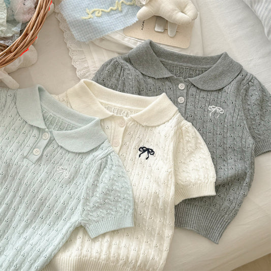 Sweet Little Sister New Summer Outfit Korean Style Girls' Clothing Bow Collar Short Sleeve Stylish Fashionable Super Cute Knitted Sweater Trendy