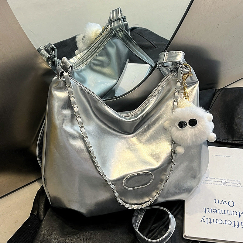 Summer Fashion Simple Casual Soft Surface Fresh Glossy Solid Color Large Capacity Commuter Shoulder Crossbody Bag2025New