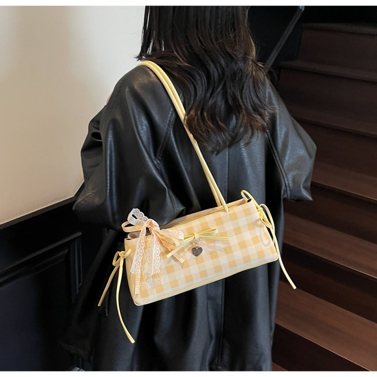 Dopamine Plaid Handbag Small Tote Bag for Women Summer2025New Ballet Style Bow Baguette Bag Underarm Bag Trendy