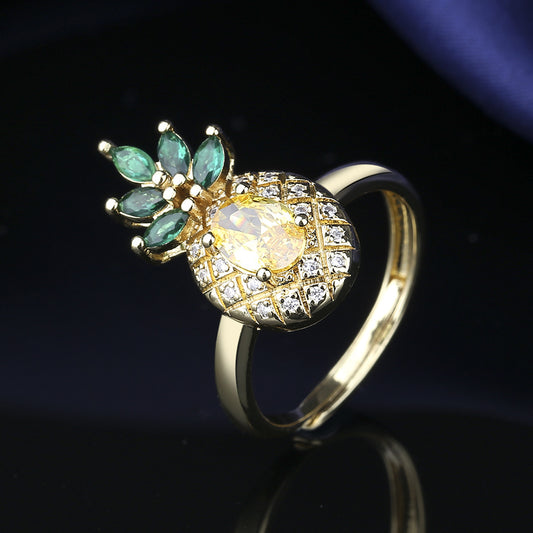 European and American Fashion Copper Plated K Gold Zircon Jewelry Luxurious Pineapple Versatile Set Cross-Border Women's Ring Necklace Earrings