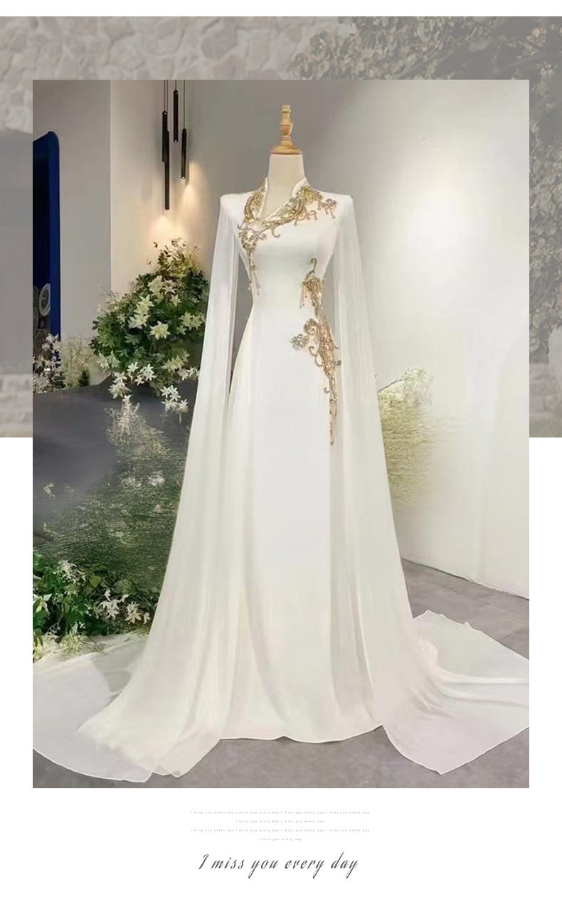 White evening dress with a high-end feel2025New Model Music Student Art Exam Vocal Performance Female Singer Folk Song Solo Performance Elegant