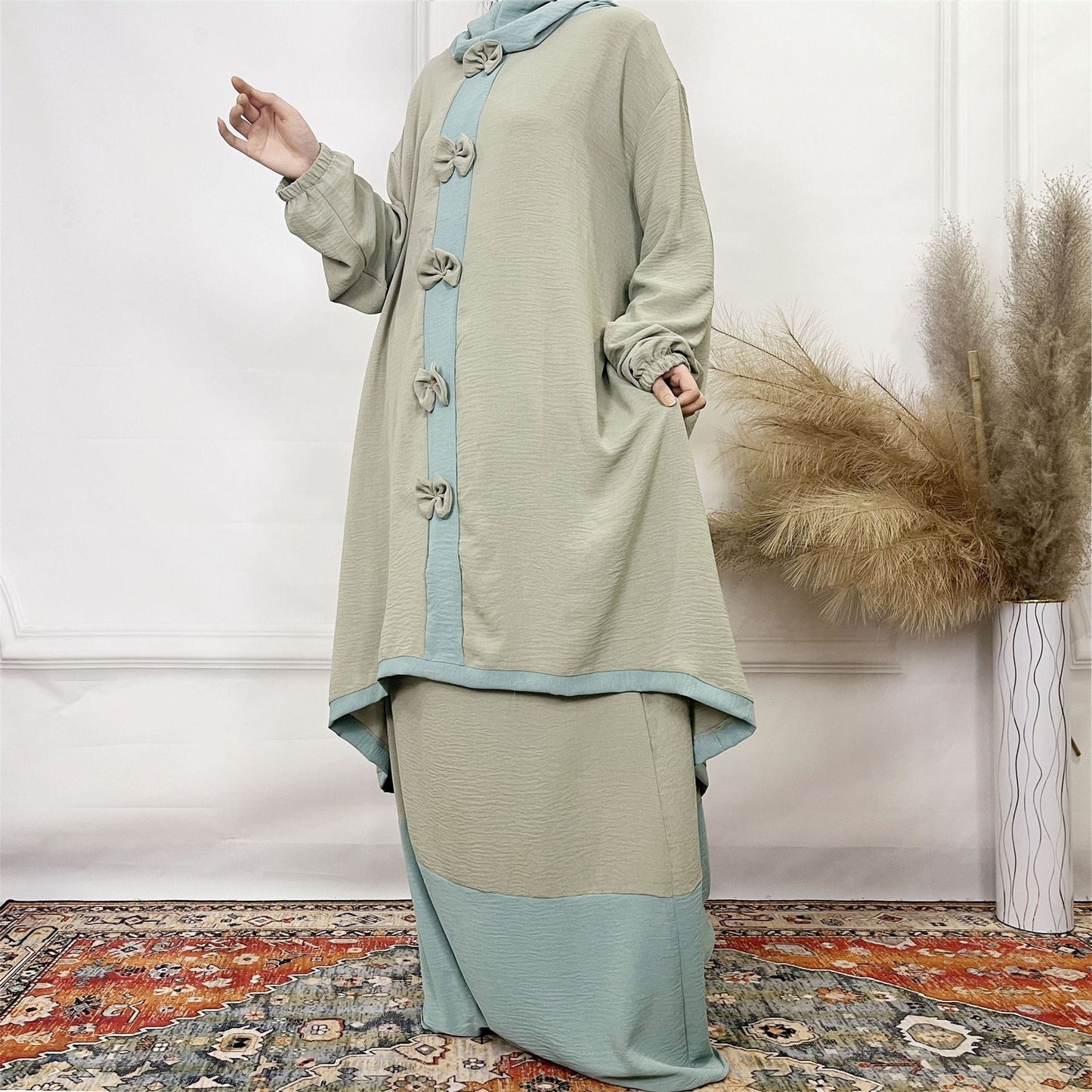 2024Aliexpress Muslims Fashion Women's Two-Piece Set with Bowknot, Solid Color Double-Layer Hat and Robe Set