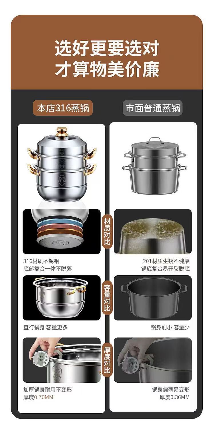 【Same Low Price】Steamer316Stainless Steel Household Food Grade304Thickened Soup Pot for Steaming Buns, Double Layer, Three or Four Layers, Compatible with Induction Cookers