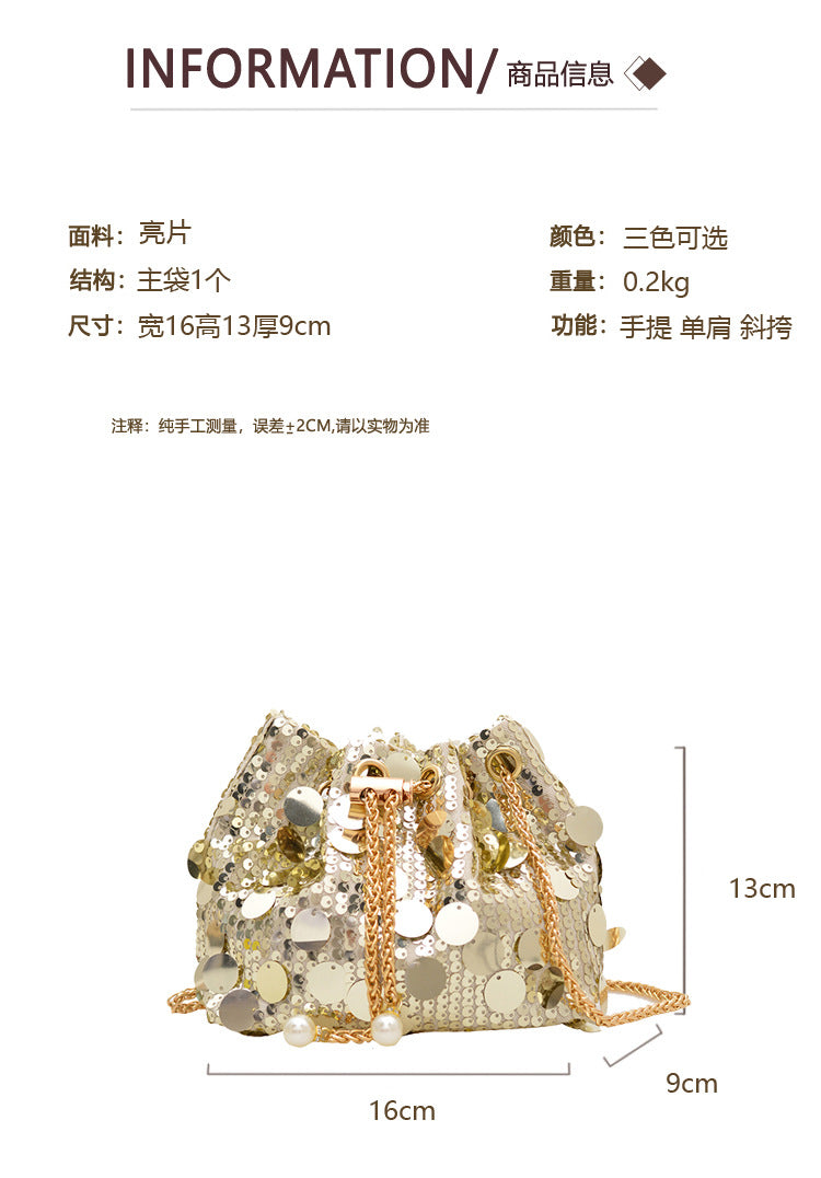 Trendy and High-End Sequin Bucket Bag2025Summer New Fashion Versatile Stylish French Chain Single Shoulder Crossbody