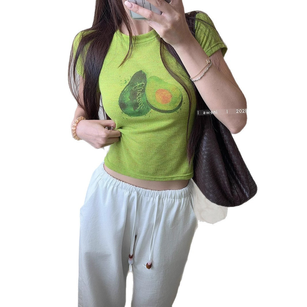 Korean Style chic Unique Youthful Dopamine Print Short Sleeve Slim Fit Round Neck Regular Shoulder Top T Women's Summer T-shirt