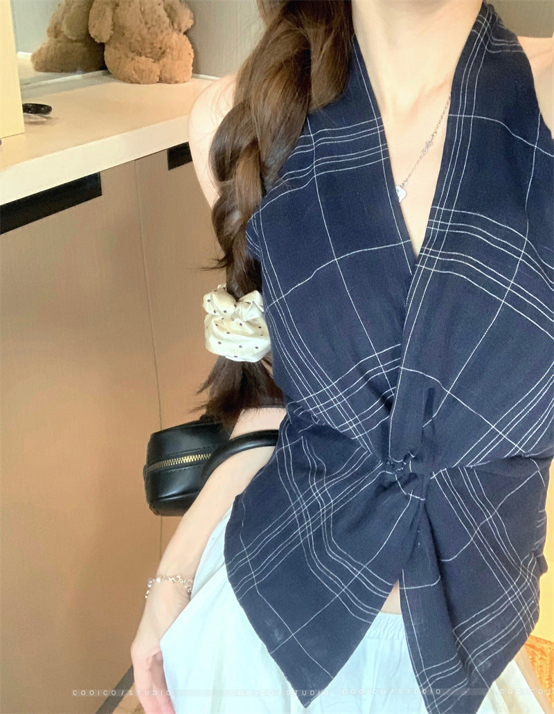 Summer2025New Korean Retro Plaid Knot Waist Slimming Elegant Halter Top Women's Camisole Trendy