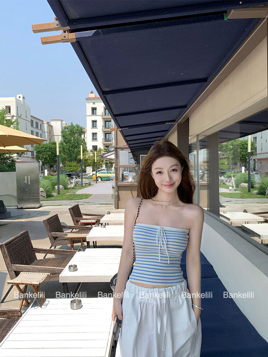 Chestnut Cocoa Bankelili'Blue Coastline'High-Level Spicy Girl Knitted Striped Tube Top Vest for Women Pure Desire