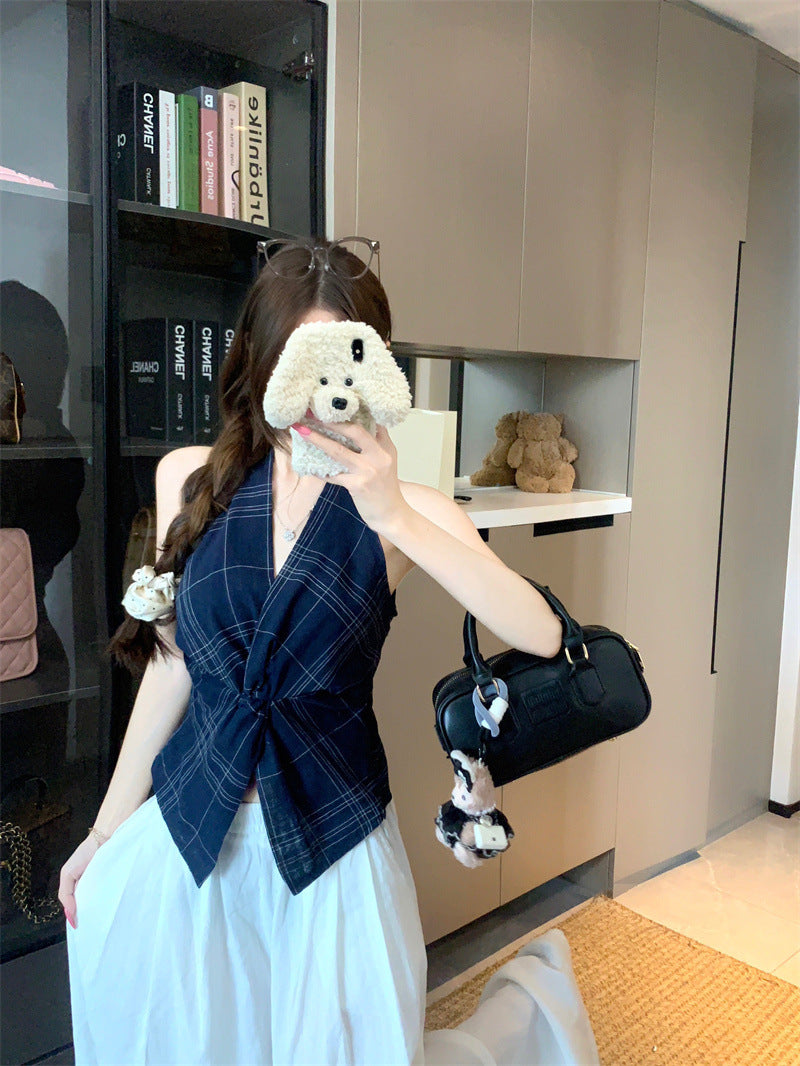Summer2025New Korean Retro Plaid Knot Waist Slimming Elegant Halter Top Women's Camisole Trendy
