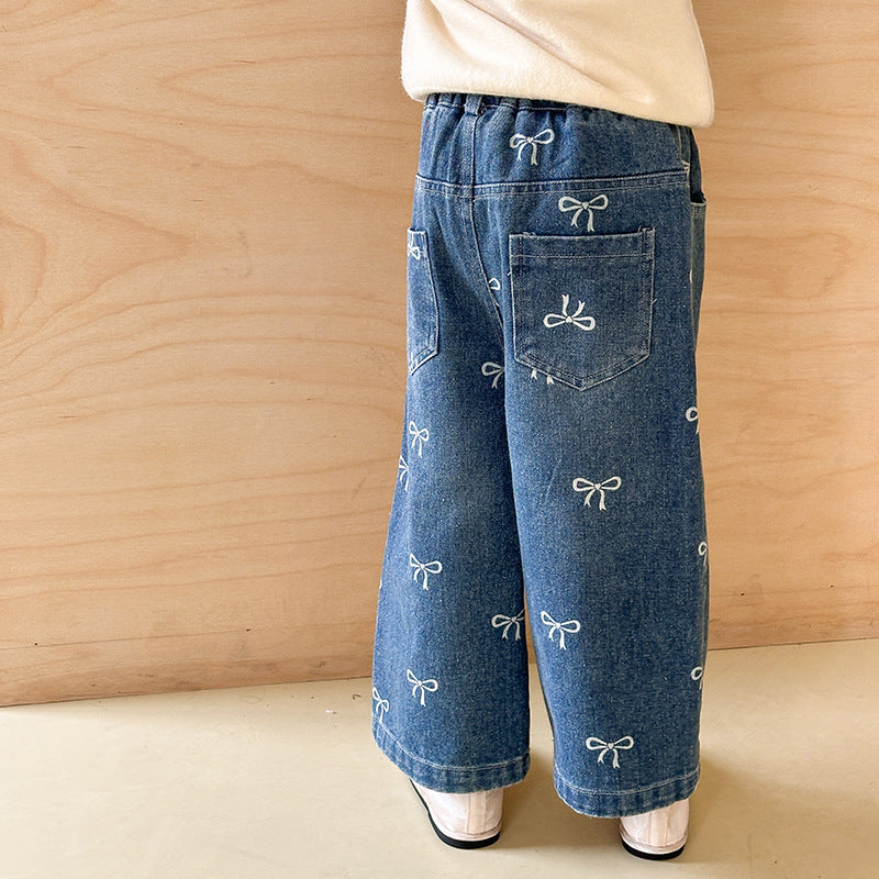 Girls' Pants Bowknot Print Jeans Wide Leg Straight2025Autumn New Fashionable and Stylish for Girls and Young Children