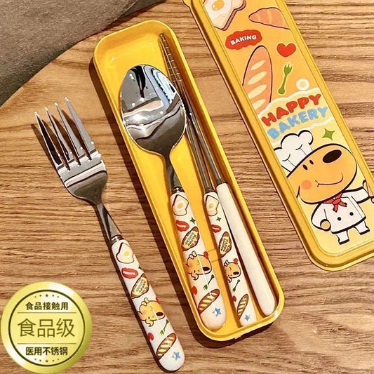 Student Dormitory Home Cute Bread Dog Tableware Set Spoon Fork Three-piece Portable Kitchen Supplies Cartoon Creative
