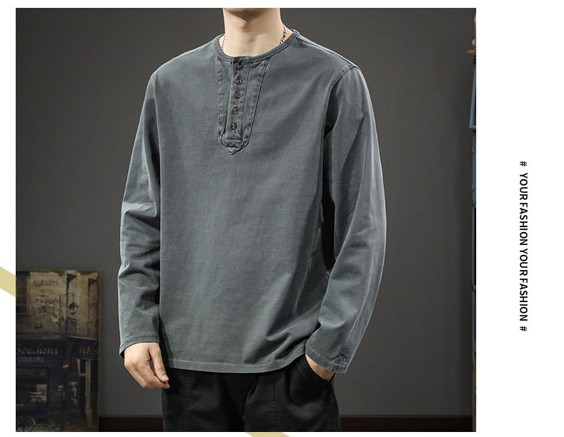 2025New casual men's pure cotton long sleeves t Loose Thin Spring Autumn Trendy Brand Henley Collar Base Shirt Sweatshirt