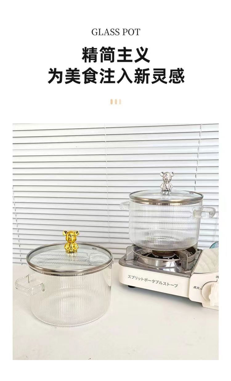 Creative Bear Double Ear Soup Pot Striped Pot Glass Transparent Health Pot Electric Ceramic Stove Heatable Instant Noodle Bowl Milk Pot