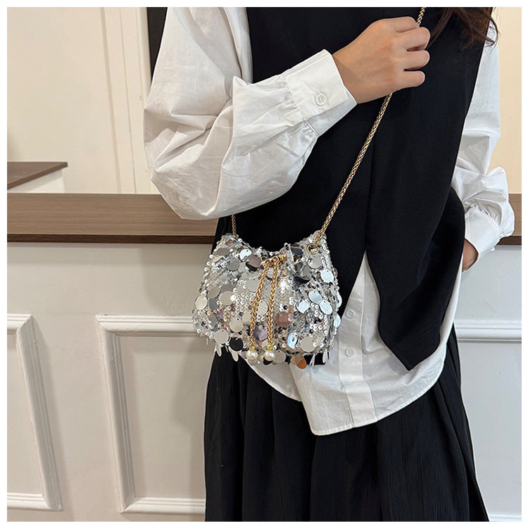 Trendy and High-End Sequin Bucket Bag2025Summer New Fashion Versatile Stylish French Chain Single Shoulder Crossbody