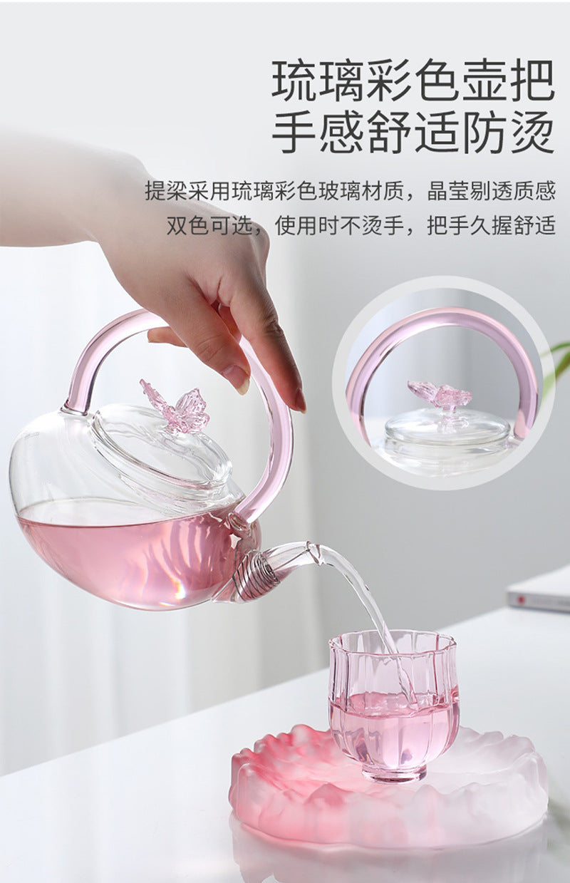 Teapot with Pink Handle Butterfly Teapot High Borosilicate Heat-Resistant Glass Teapot Electric Ceramic Stove Special Tea Brewing Teapot Flower Tea Teapot