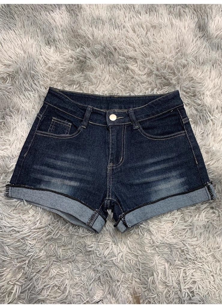 American style dark blue denim shorts for women2025Summer New High-Waisted Slimming Hot Girl Bodycon Dress a Rolled Hem Shorts