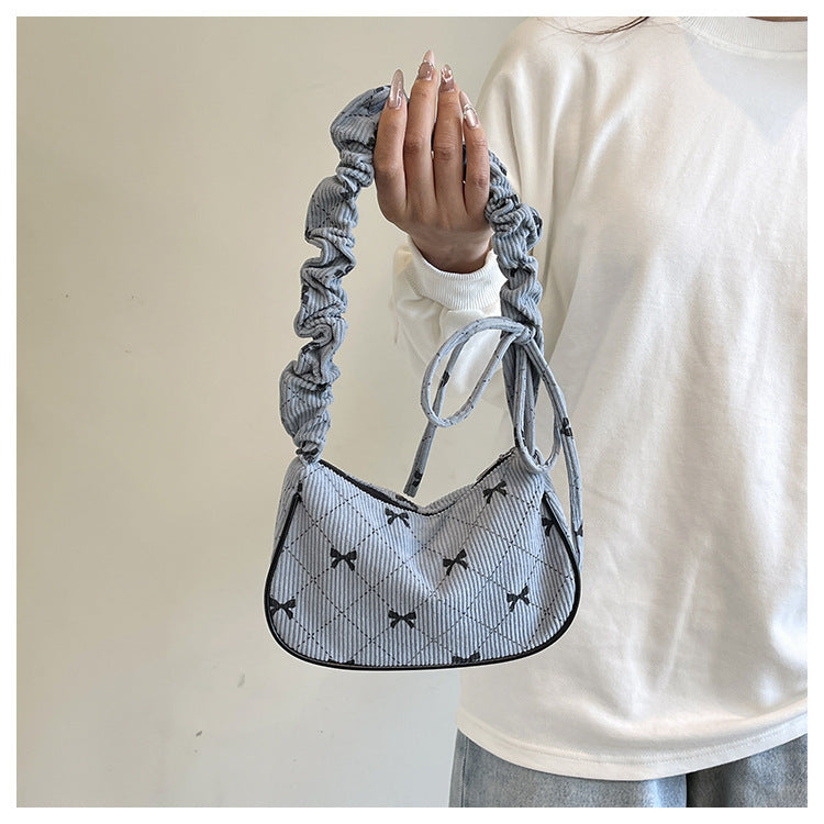 Sweet Bow Plaid Single Shoulder Underarm Crescent Bag2024Autumn new simple casual large capacity handbag