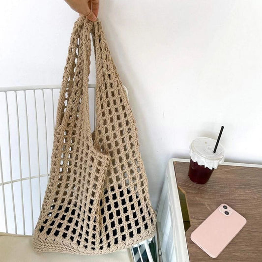 Fashion Hollow Knitted Beach Bag Seaside Shoulder Bag New Tote Simple Versatile Woven Large Capacity Vacation