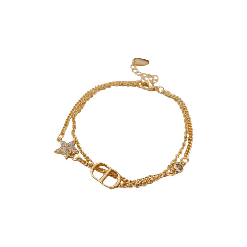 Zircon Star Pig Nose Double Layer Bracelet Niche Light Luxury High-end Versatile Fashion Commuting Vintage Jewelry