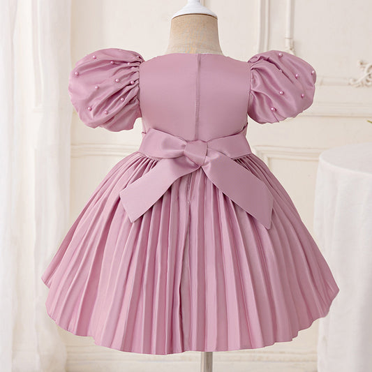 Birthday Party Evening Dress Puff Sleeve Girl Princess Dress Baby Pearl