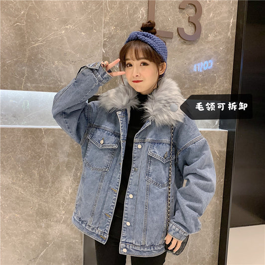 Cross-Border2022Winter New Korean Style Loose Thickened Fleece Rabbit Fur Inner Large Fur Collar Denim Jacket Women's Cotton Coat