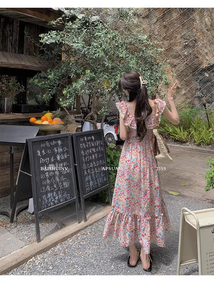 Floral Square Neck Slim Fit Women's Dress for Beach Vacation Casual Long Dress
