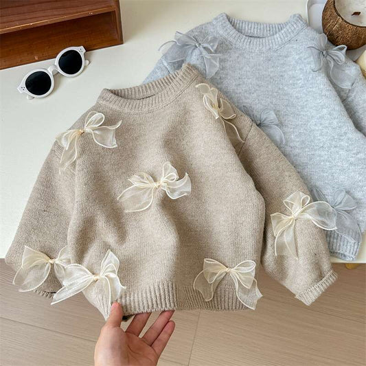 Sweet Little Sister Korean Children's Sweater Spring and Autumn New Fashionable Girls' Korean Style Fashionable Children's Bow Knitted Sweater