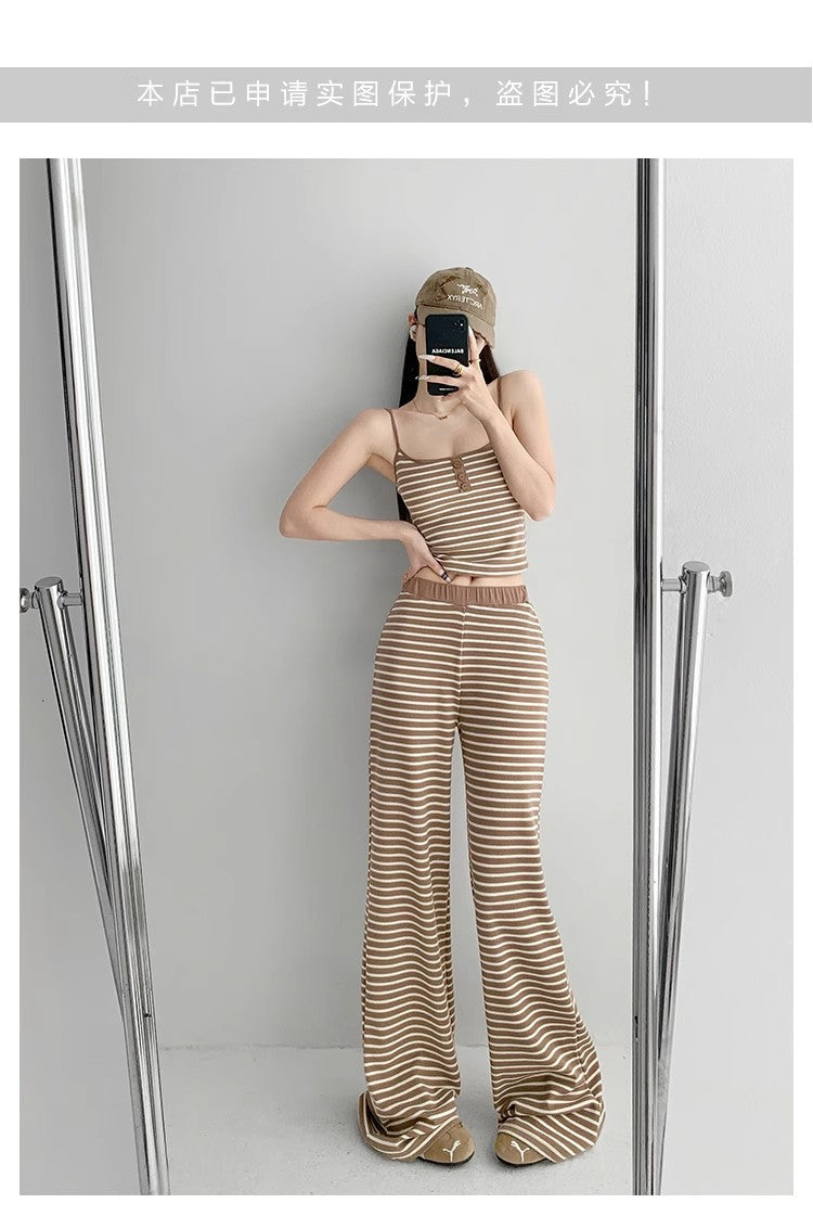 Home Lazy Relaxed Striped Slimming Wide-Leg Pants for Women Summer Hot Girl Fashion Camisole Vest Casual Two-Piece Set