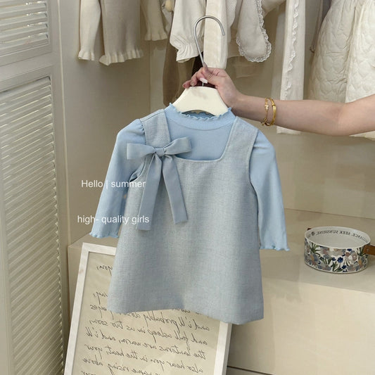 【Sweet Little Chef】Girls' Early Autumn Rolled Hem Base Shirt Bowknot Vest Dress Set Baby Little Chanel Two-Piece Trendy