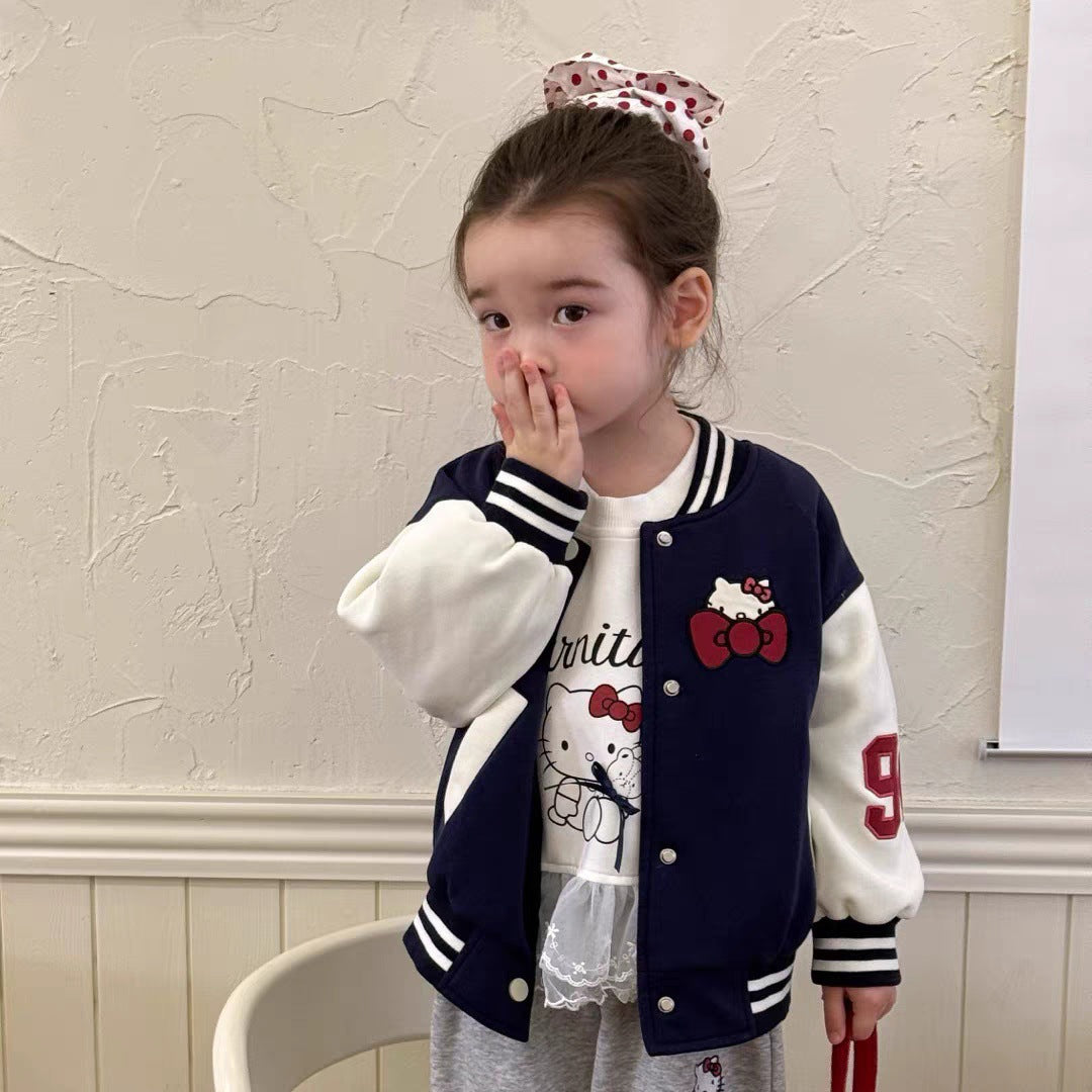 Sweet Little Chef Children's Clothing2025Autumn New Cute Girls' Toddler Outfit KT Cat Color Block Baseball Jacket Cartoon Sweatshirt Trendy