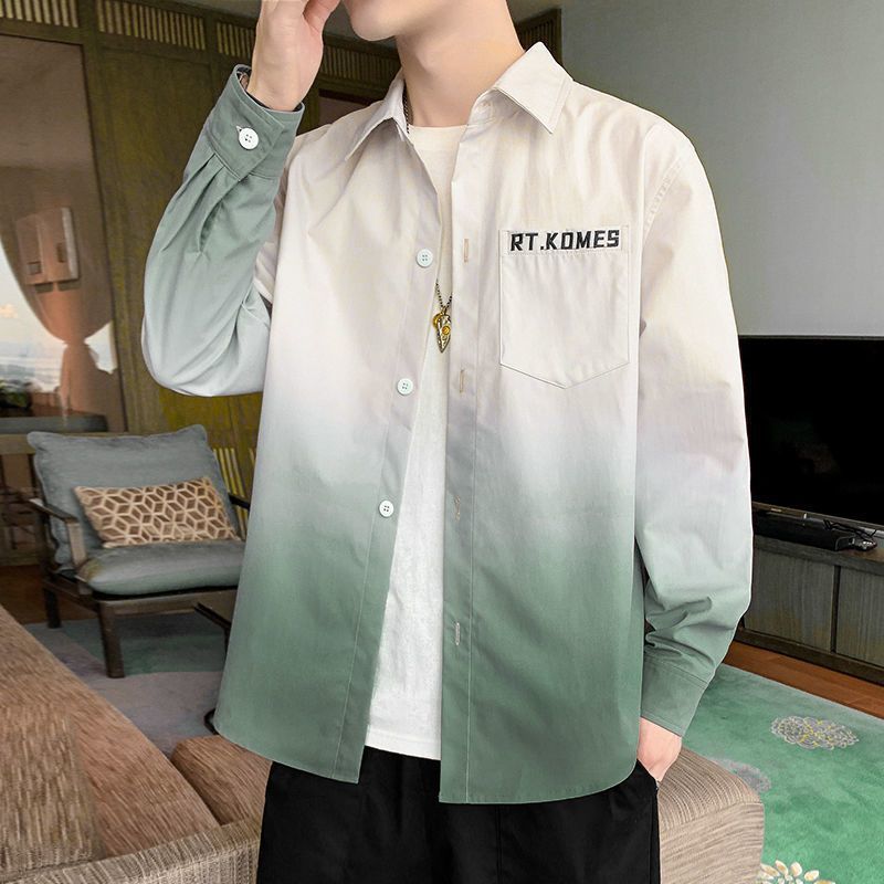 Gradient Long Sleeve Shirt for Men, Spring and Summer Loose Thin Jacket, Korean Style Trendy Casual ins Fashion Brand Sunscreen Shirt