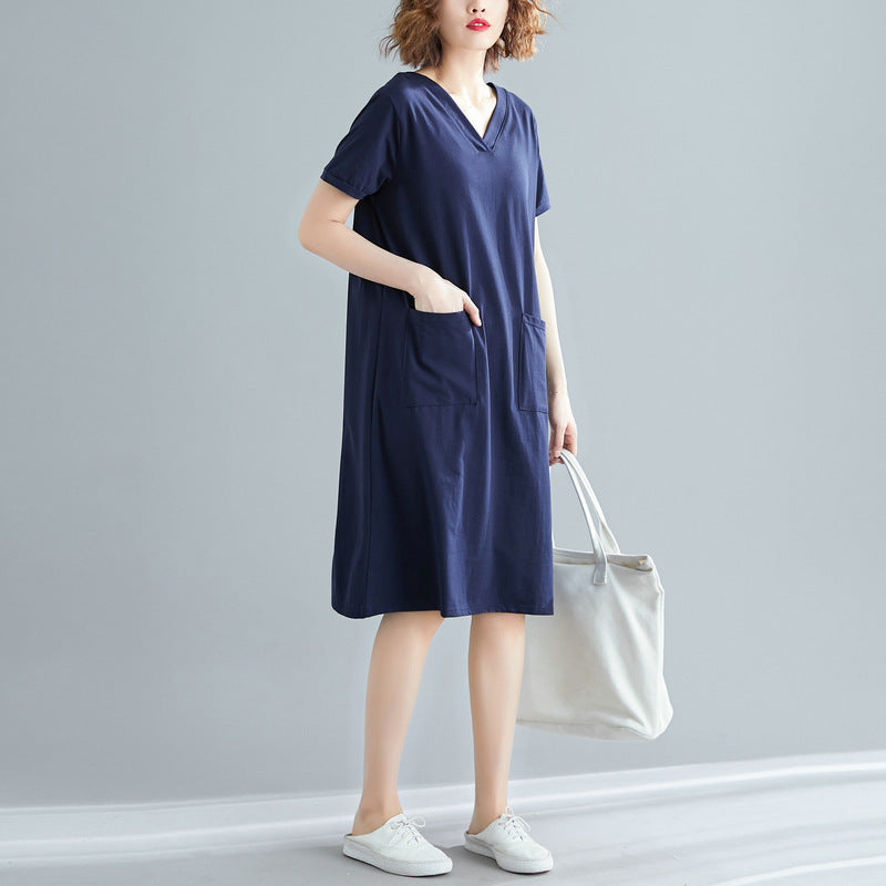 Plus Size Women's Summer Loose Korean Style Mid-Length Dress T Shirt and Skirt for Plus Size mm Solid Color V Collared Slimming Short Sleeve Dress