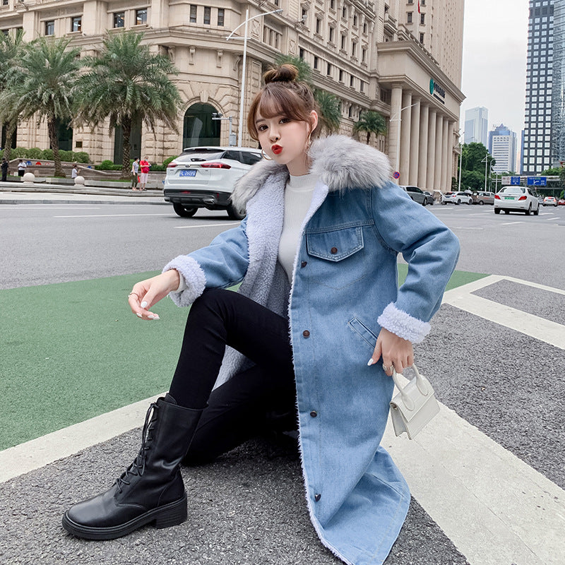 2022Winter New Mid-Length Large Fur Collar Fleece-Lined Lamb Wool Denim Jacket for Women Loose Casual Cotton Coat