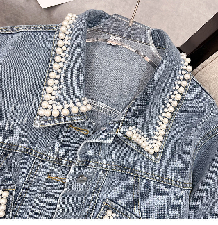 European Style Design Denim Jacket for Women, Loose Fit for Spring and Autumn2024New Heavy Beaded Jacket