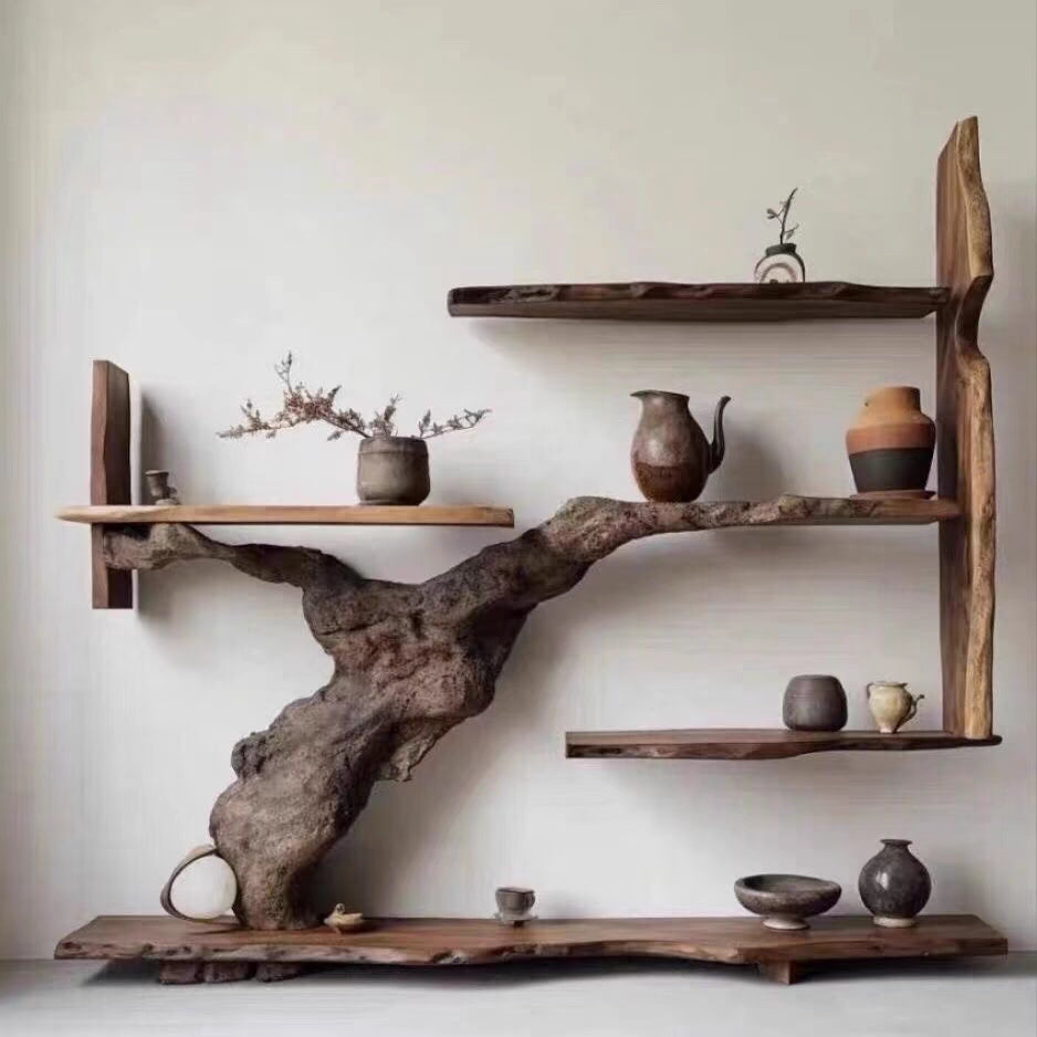 Wabi-Sabi Style Camphor Wood Solid Wood Display Cabinet Tea Storage Cabinet Natural Wood Multi-Functional Storage Rack