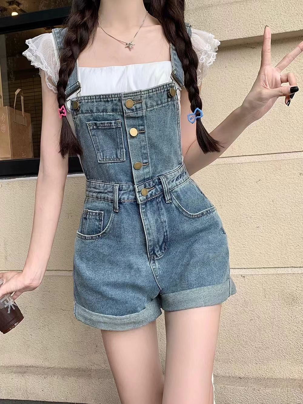 Internet Celebrity Youthful Denim Strap Shorts for Women Summer2025New Workwear Wide-Leg Hot Pants with a Sense of Design and Strap Design