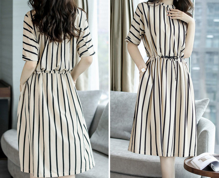 Beautiful Striped Dress2025Korean Style Lace-Up Waist-Cinching Loose Skirt Summer Mid-Length Plus Size Women's Clothing Wholesale