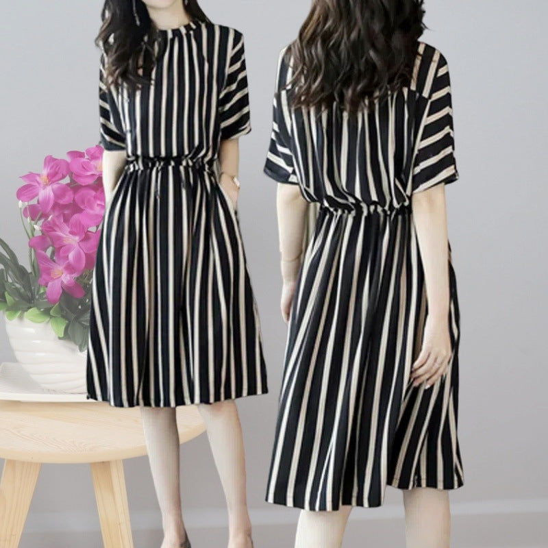 Beautiful Striped Dress2025Korean Style Lace-Up Waist-Cinching Loose Skirt Summer Mid-Length Plus Size Women's Clothing Wholesale
