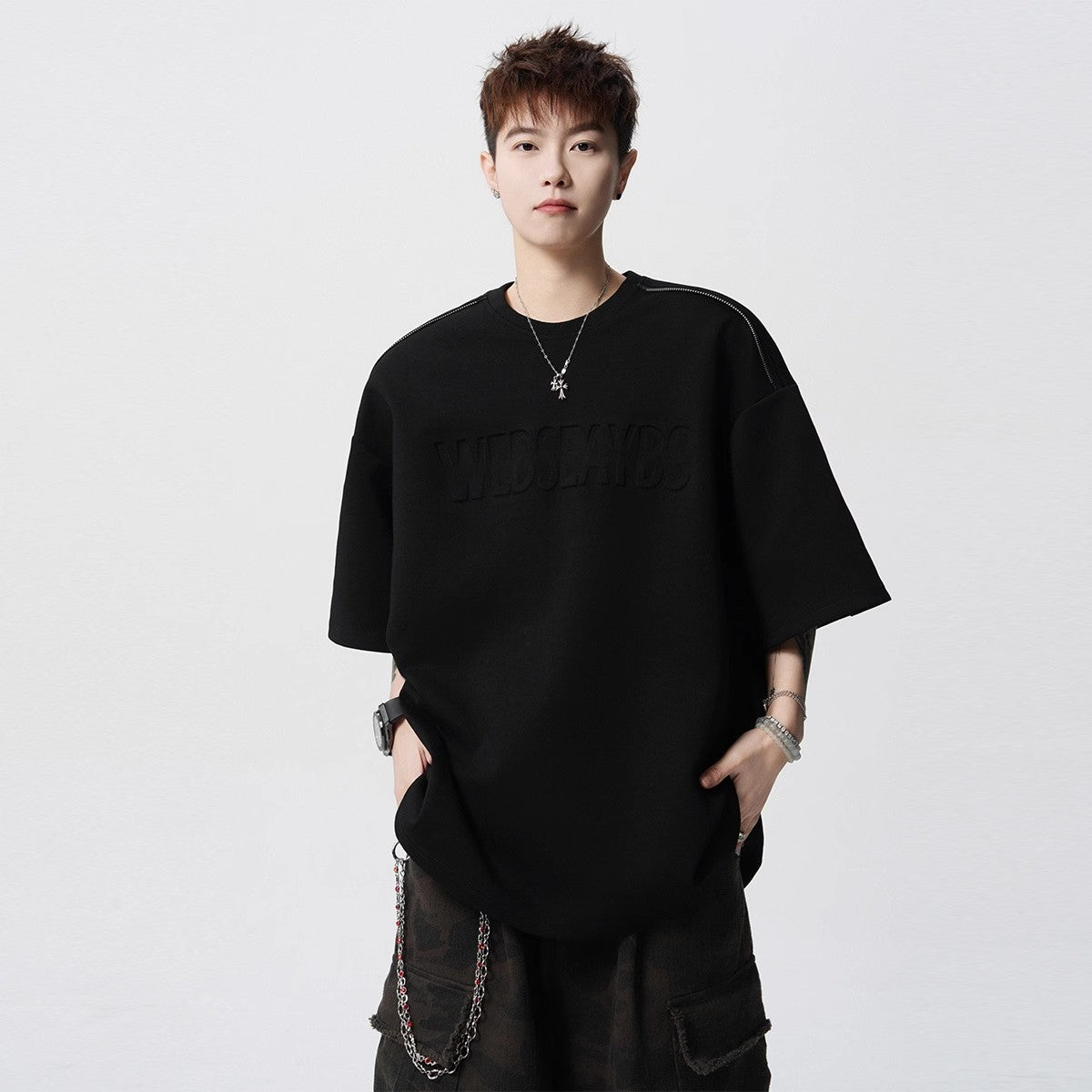 Heavy Short Sleeve t Men's T-shirt2025New Summer Outfit Letter Print Loose Casual Round Neck Short Sleeve T-Shirt ins