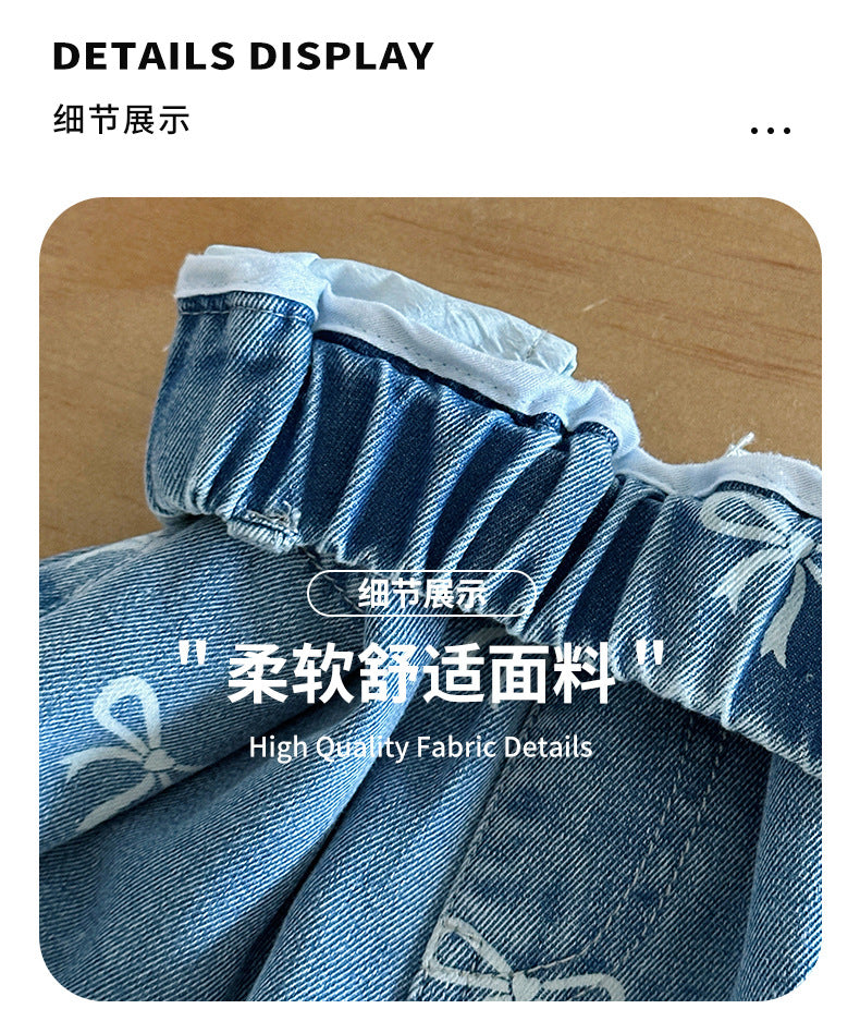 Girls' Pants Bowknot Print Jeans Wide Leg Straight2025Autumn New Fashionable and Stylish for Girls and Young Children